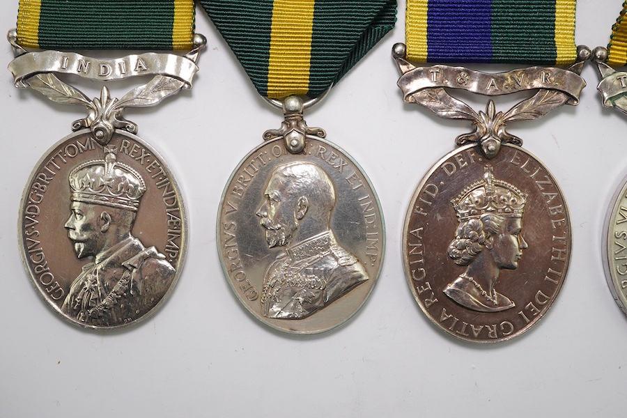 Six assorted Efficiency medals; GV (C) India to Pte.F.S.Slee,1 E.I.RY.R.,A.F.I.;GV (A) Territorial to 477046 Sjt H.W.Pawley, R.A.M.C.; GVI Militia to 2313197 Sclmn.S.H.Dummer, R.Signals.; GVI Territorial to 1434970 Gnr C